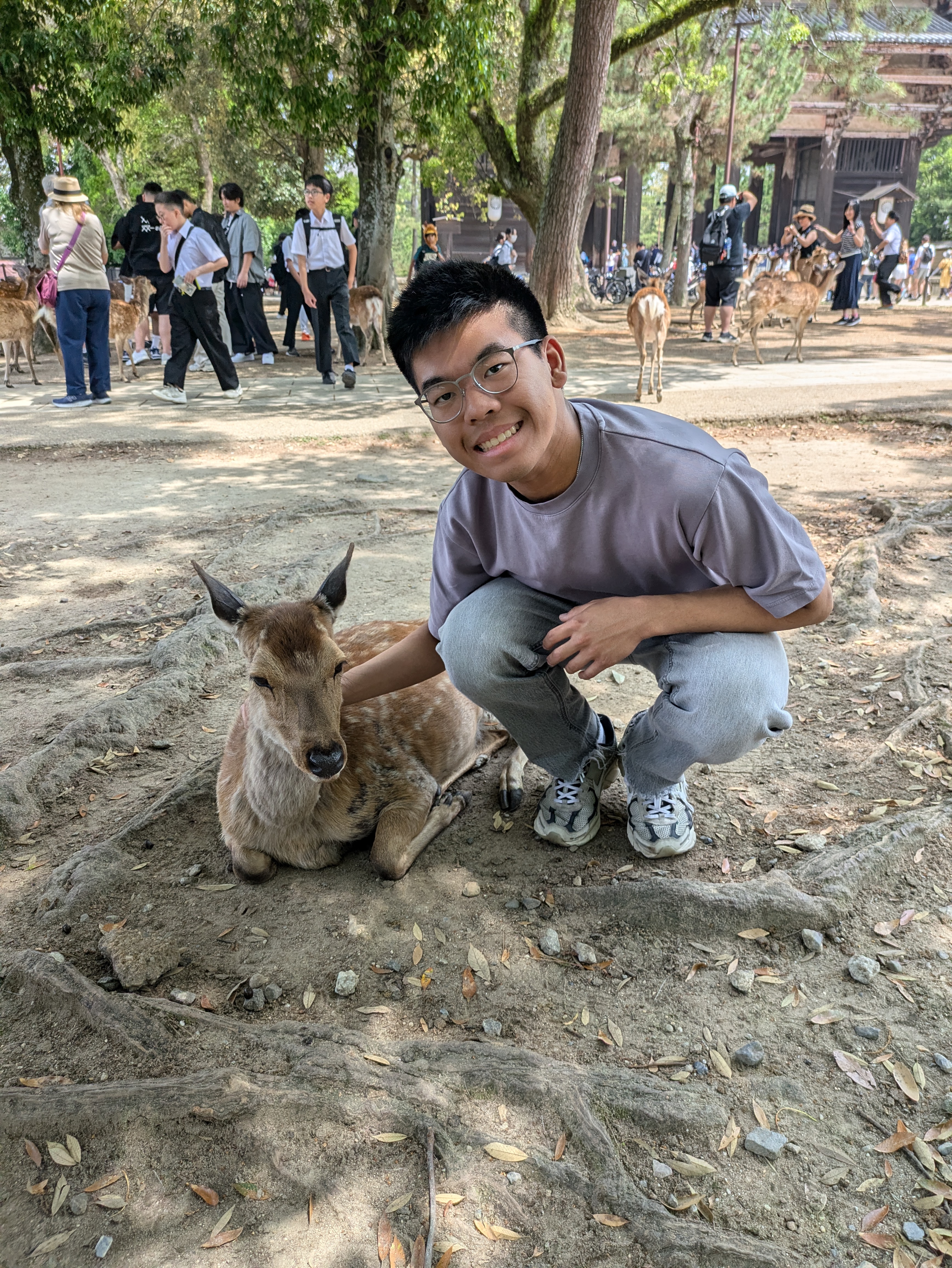 Nathaniel DSPA posing next to a deer lying down in Japan.
