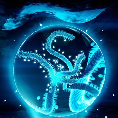 Rendered graphic of blue polyions