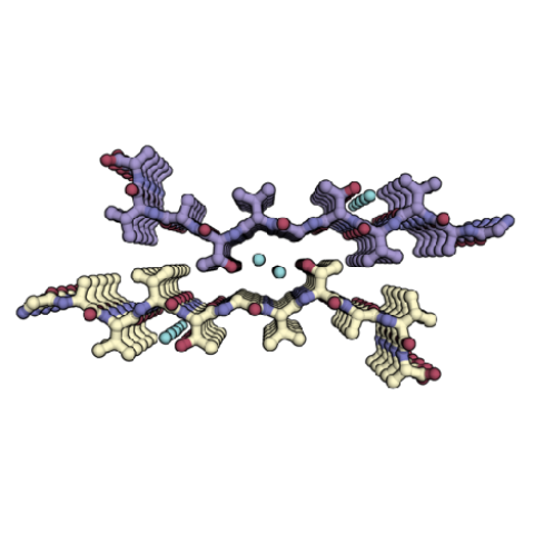 Rendered graphic of purple and yellow 3D nanocrystals