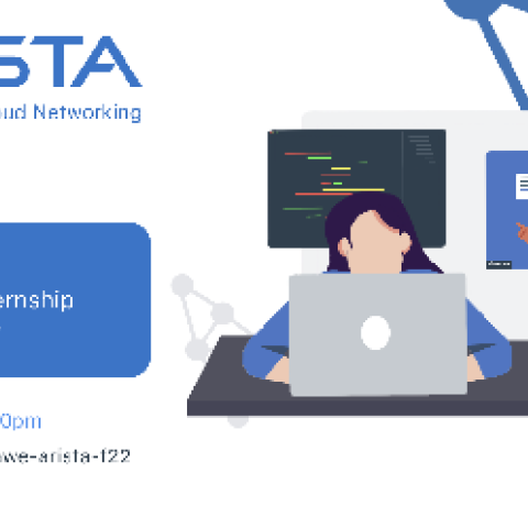 Graphic of person behind laptop with code behind them, text with information about event on left side of image