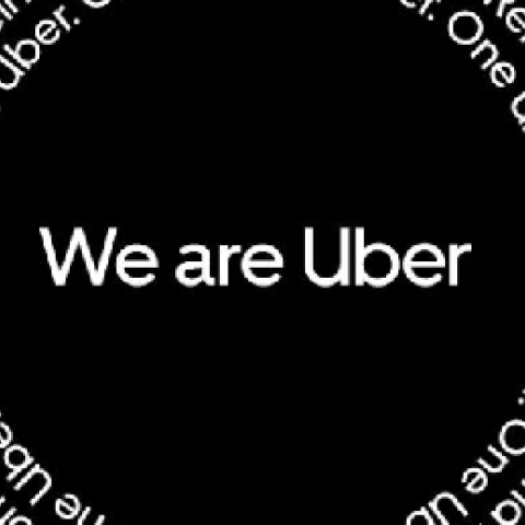 Graphic with black background and text "We are Uber" in center and in repeating circle around edge of frame