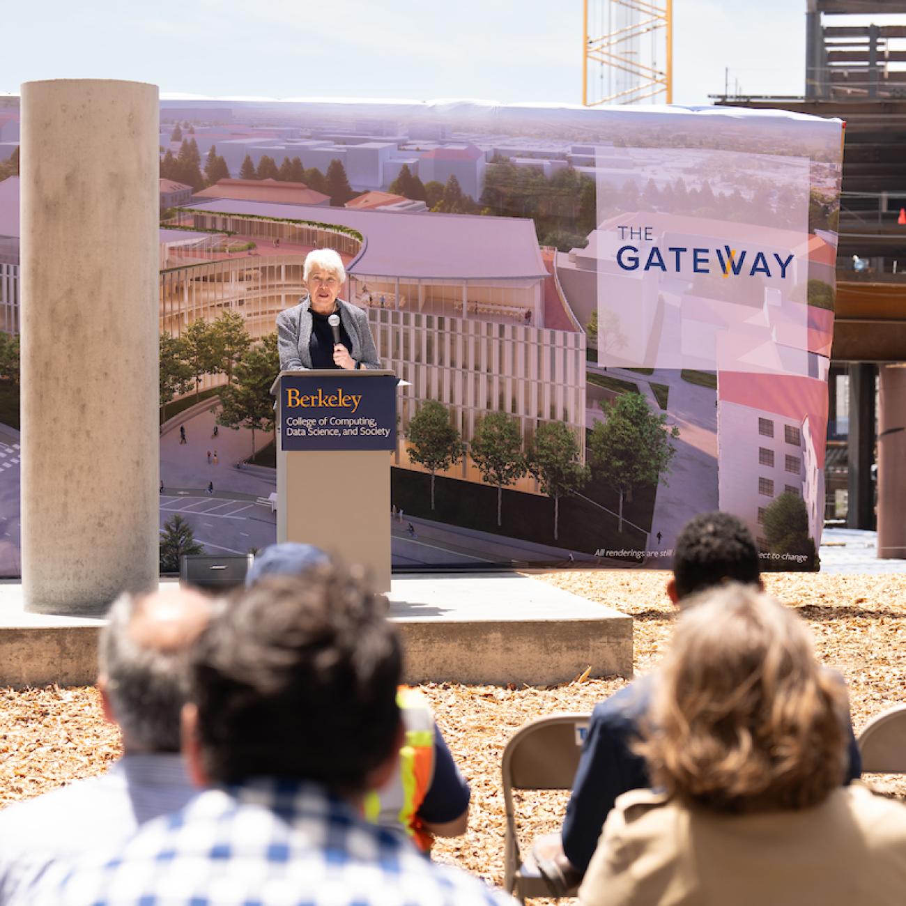 Carol Christ speaks at the Gateway building "topping out" ceremony.