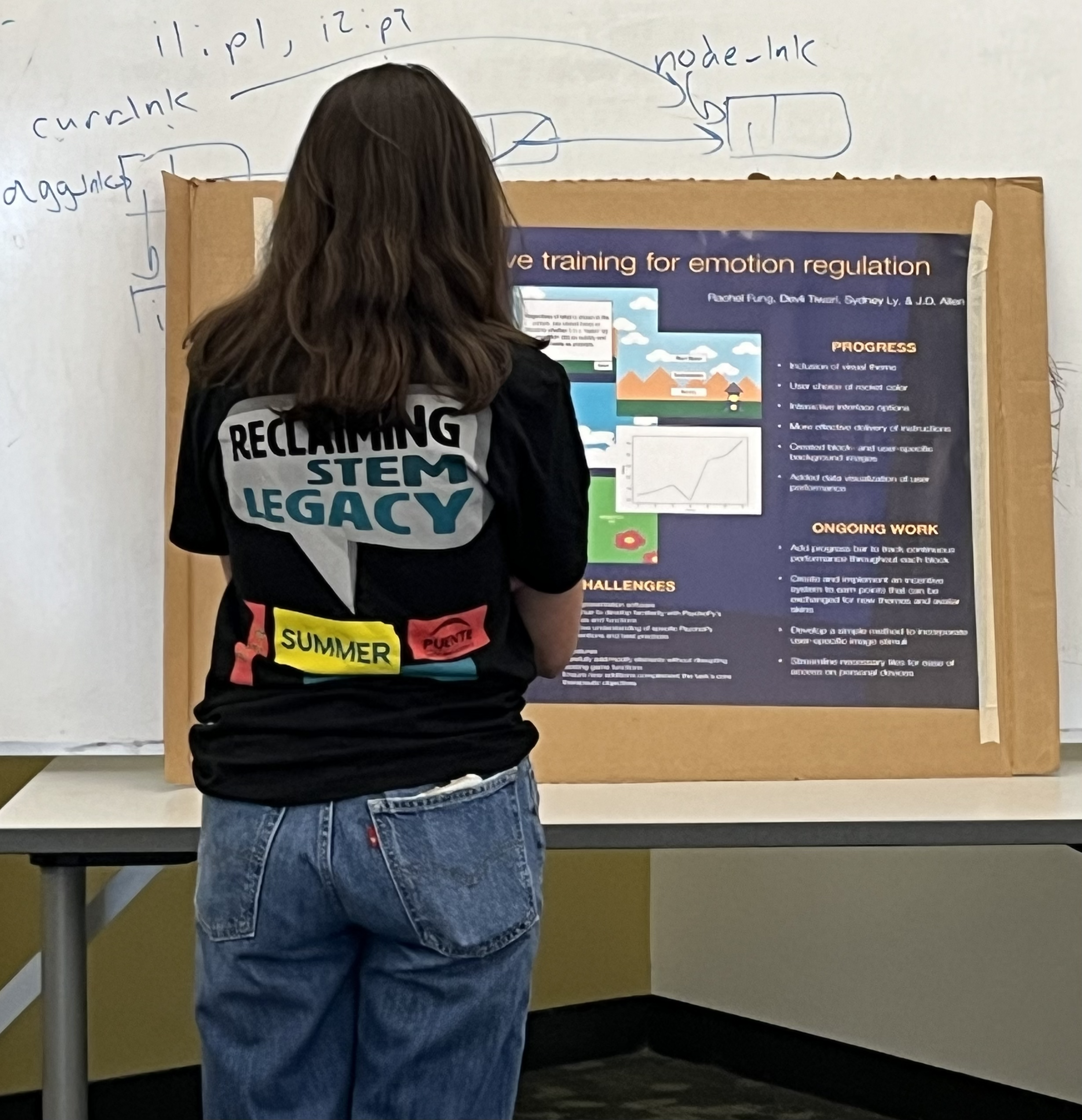 Female Puente student reads a poster about research conducted by a UC Berkeley Data Science undergraduate