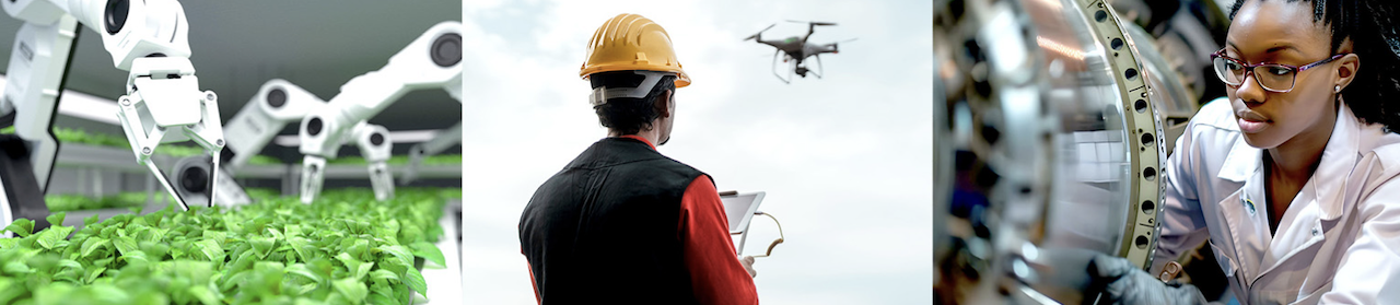 Collage of three photos: robots working with plants in a greenhouse; a person in a hard hat and vest piloting a drone; a person working on an aircraft/spacecraft components