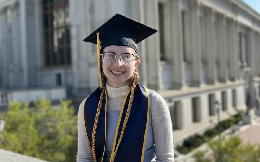 Silas Gifford, a UC Berkeley student graduating in data science, in front of Doe Library on campus. (Photo/ Fred Marcial)