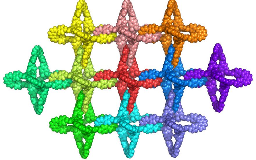 The individual building blocks of a catenane are polyhedral molecules — a type of adamantane — that link arms to form a 2D mesh or 3D network that is sturdy but flexible. (Image credit: Tianqiong Ma, UC Berkeley)