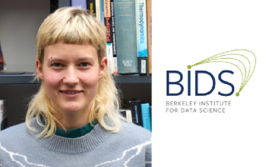 Photo of Antonia Winkler against a backdrop of books with a graphic of the BIDS logo to the right