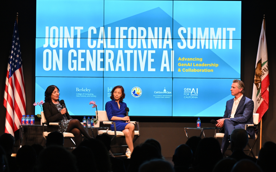 Image of Fireside chat speakers Jennifer Chayes, Fei-Fei Li and Gavin Newsom