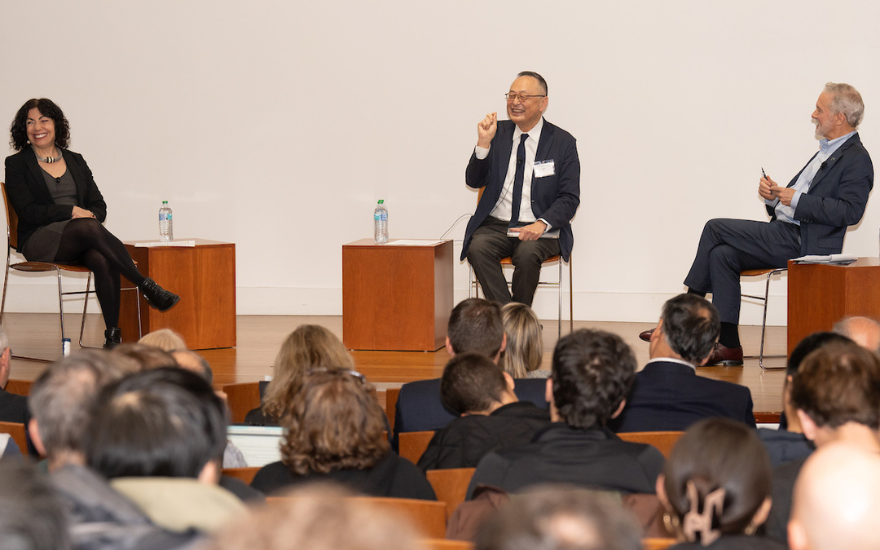 Gerald chan lecture on stage with Chan, Dean Jennifer Chayes, and Chancellor Rich Lyons