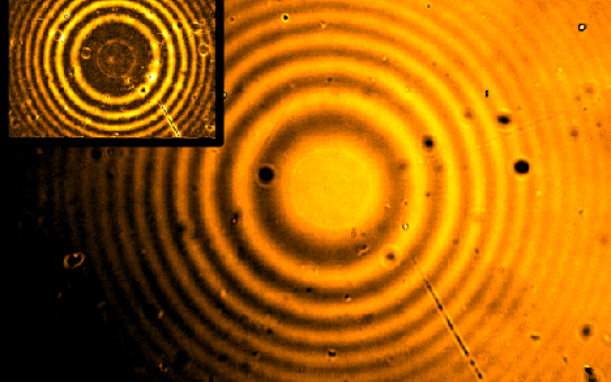 Schematic of surface force apparatus with orange background and rings of black throughout