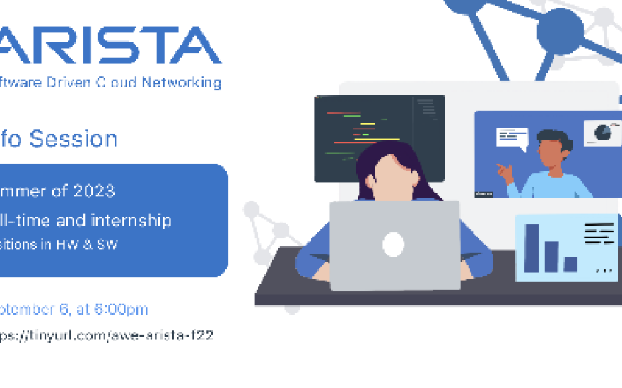 Graphic of person behind laptop with code behind them, text with information about event on left side of image