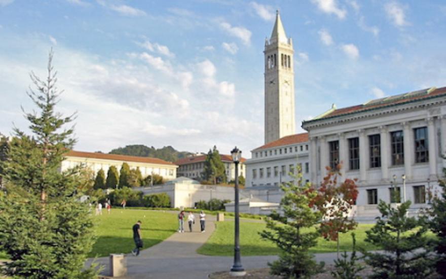 Wide shot of Berkeley campus with campanile in distance background
